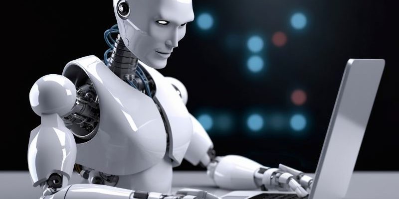 Czy sztuczna inteligencja zastąpi programistów? Na zdjeciu robot w roli programisty przed laptopem.